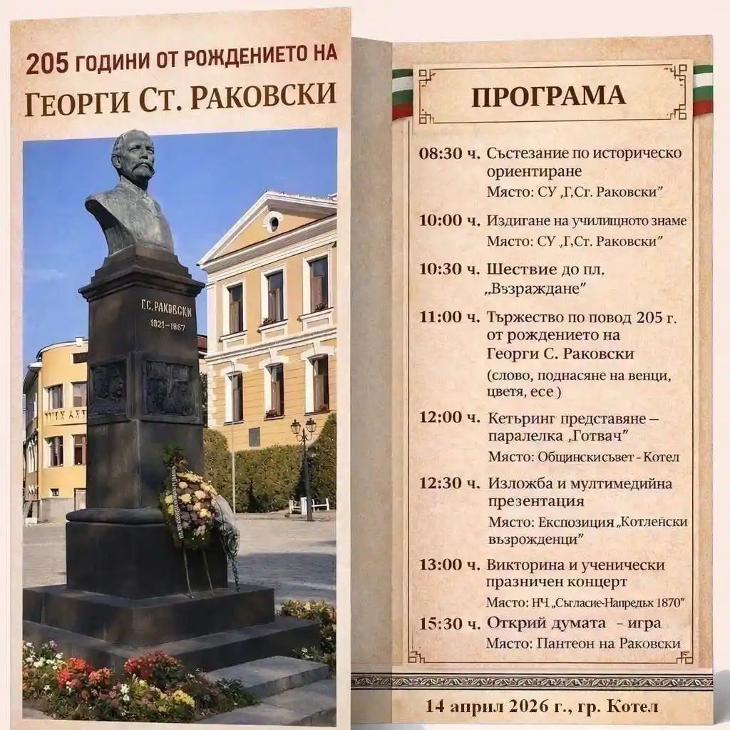 Паметник на Георги Раковски с програма за 205-годишнината на събитието в Котел на 14 април 2026 г.