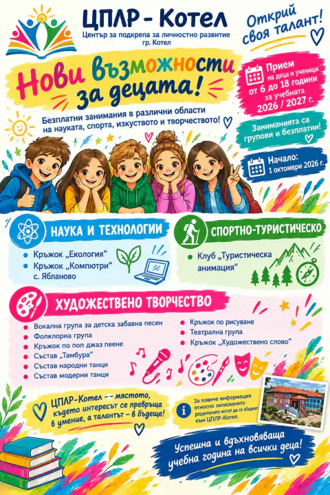 Алтернативен текст: Плакат за нови възможности за деца в ЦПЛР-Котел, включващ безплатни занимания по наука, спорт и изкуства.