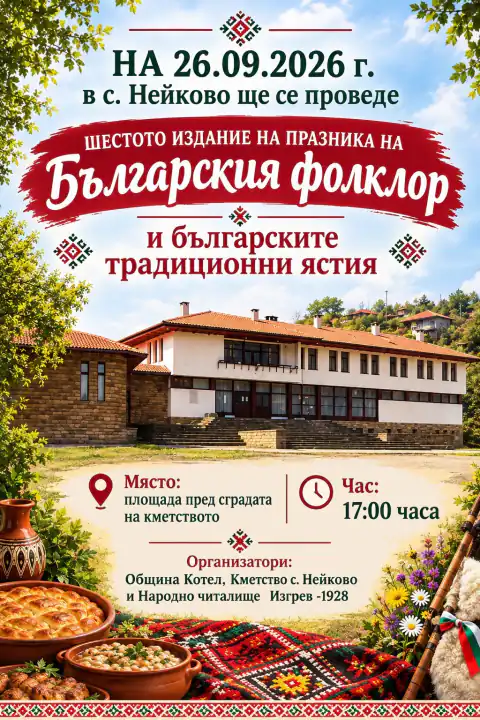 Празник на българския фолклор в Нейково на 26.09.2026 г. от 17:00 часа. Традиционни ястия и културни изяви.