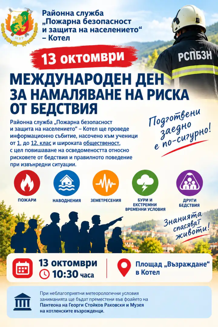 Международен ден за намаляване на риска от бедствия, събитие в Котел на 13 октомври. Обучение и информация за безопасност.